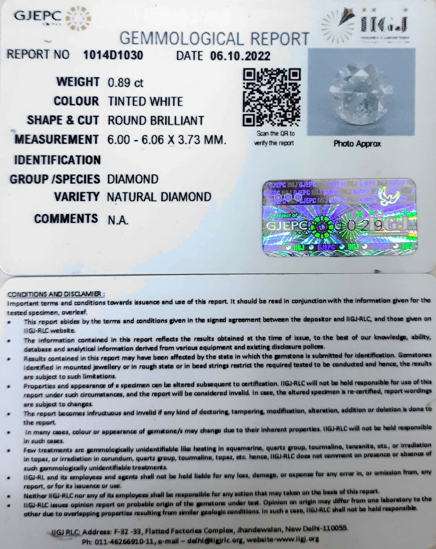 0.89/Cents Natural Diamond With Govt. Lab Certificate (120000)
