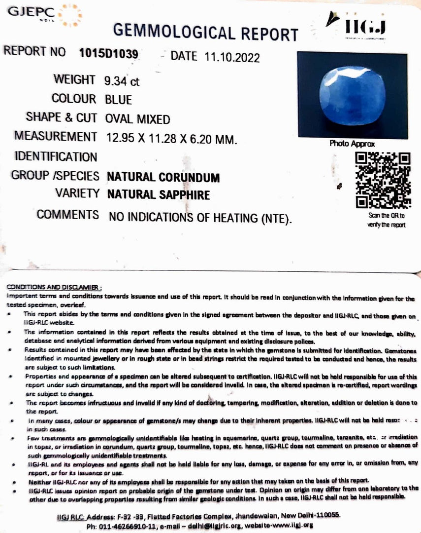 9.34/CT Natural Ceylonese Neelam with Govt Lab Certified (4551)