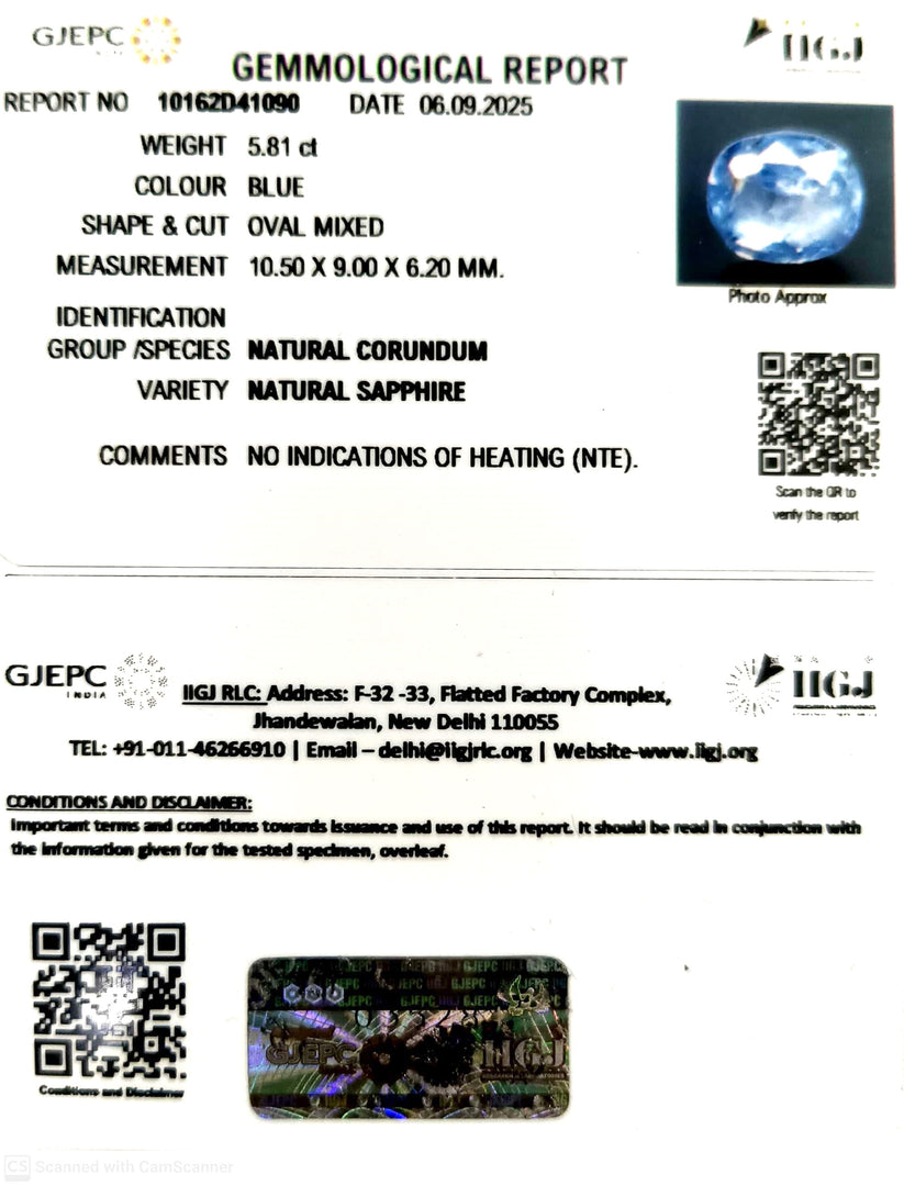 5.81/CT Natural Blue Sapphire with Govt Lab Certificate (34410)