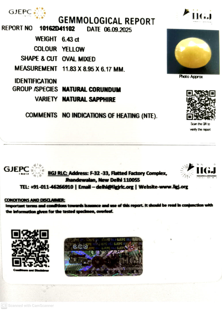6.43/CT Natural Yellow Sapphire With Govt Lab Certificate (1221)