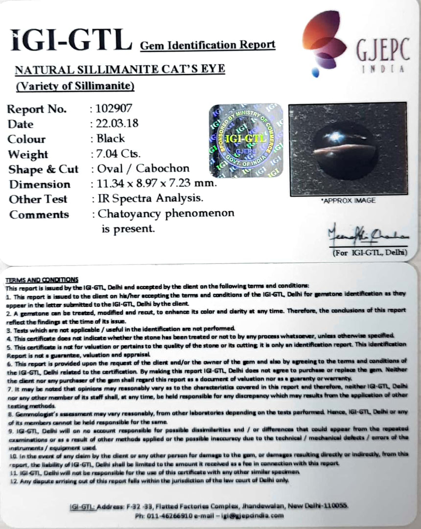 7.04/CT Natural Sillimanite Cat's Eye Stone With Govt. Lab Certificate-102907