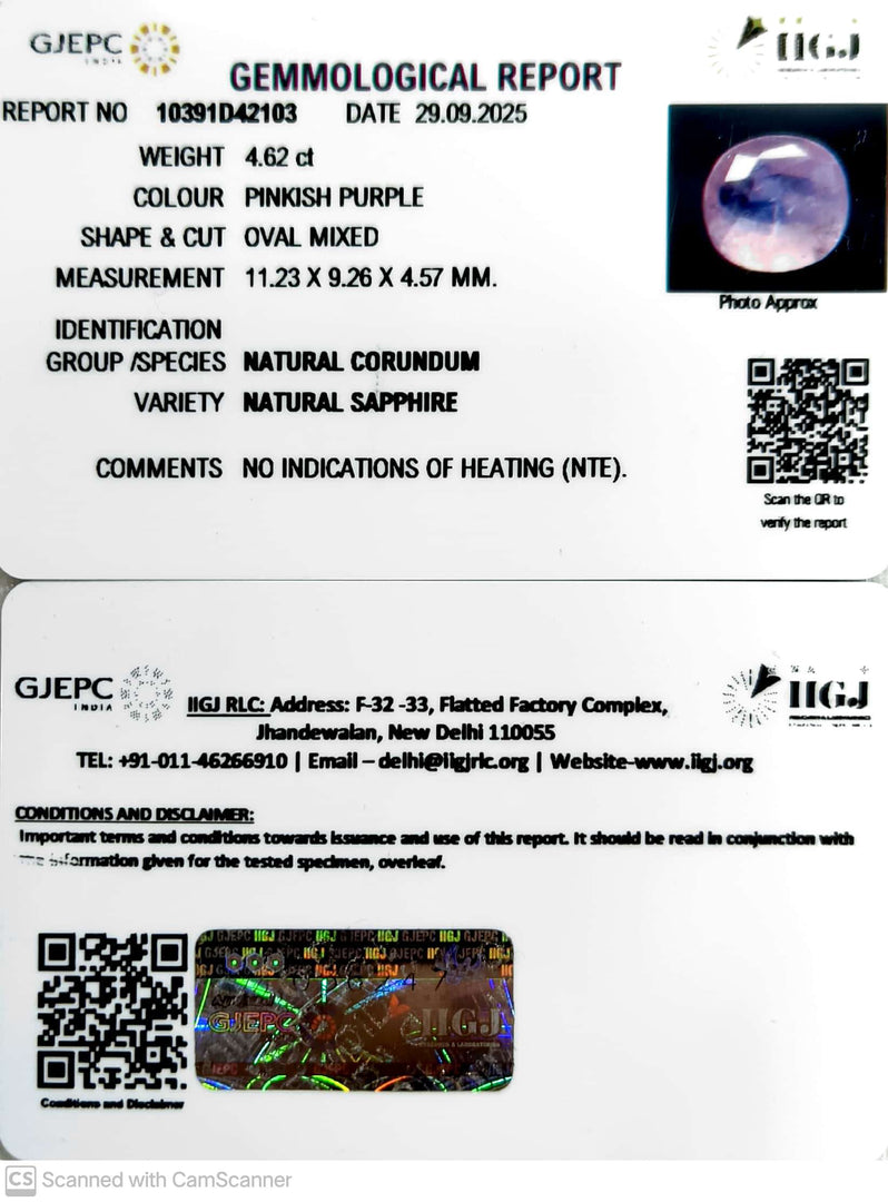 4.62/CT Natural Purple Sapphire with Govt Lab Certificate (12210)