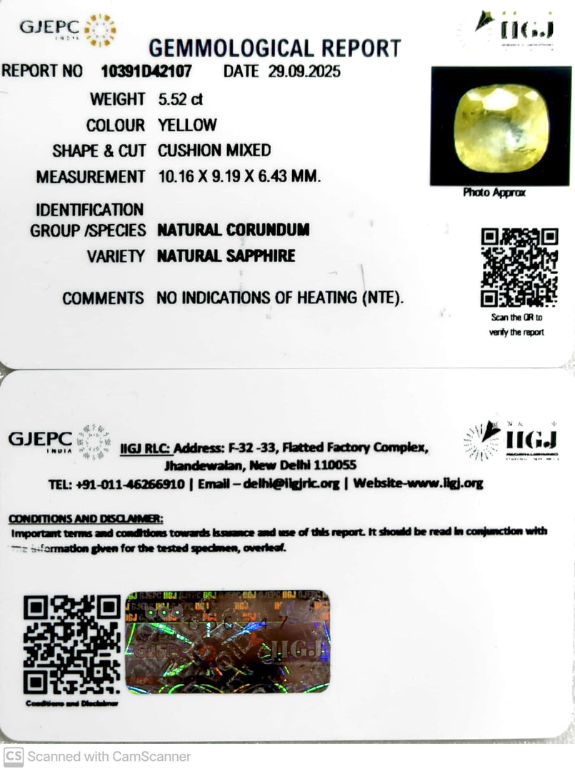 5.52/CT Natural Yellow Sapphire With Govt Lab Certificate (12210)