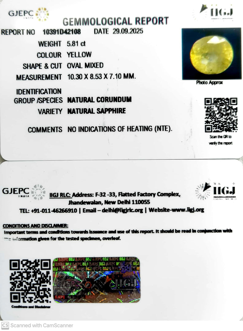 5.81/CT Natural Yellow Sapphire With Govt Lab Certificate (12210)