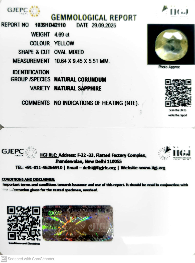 4.69/CT Natural Yellow Sapphire With Govt Lab Certificate (12210)