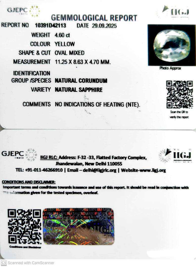 4.60/CT Natural Yellow Sapphire With Govt Lab Certificate (34410)