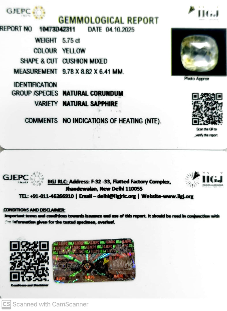 5.75/CT Natural Yellow Sapphire With Govt Lab Certificate (16650)