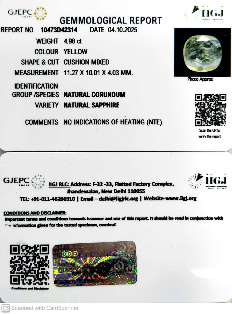 4.98/CT Natural Yellow Sapphire With Govt Lab Certificate (12210)