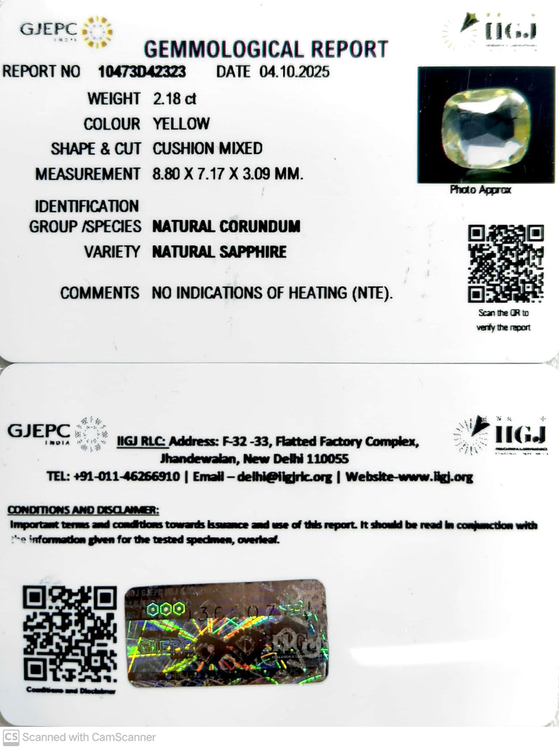 2.18/CT Natural Yellow Sapphire With Govt Lab Certificate (34410)