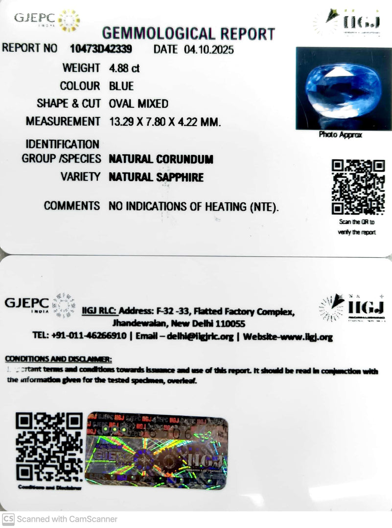 4.88/CT Natural Blue Sapphire with Govt Lab Certificate (45510)