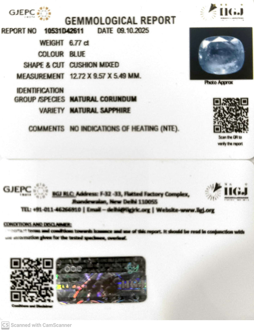 6.77/CT Natural Blue Sapphire with Govt Lab Certificate (16650)