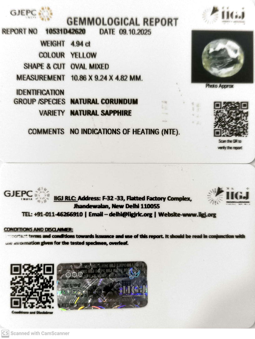 4.94/CT Natural Yellow Sapphire With Govt Lab Certificate (12210)