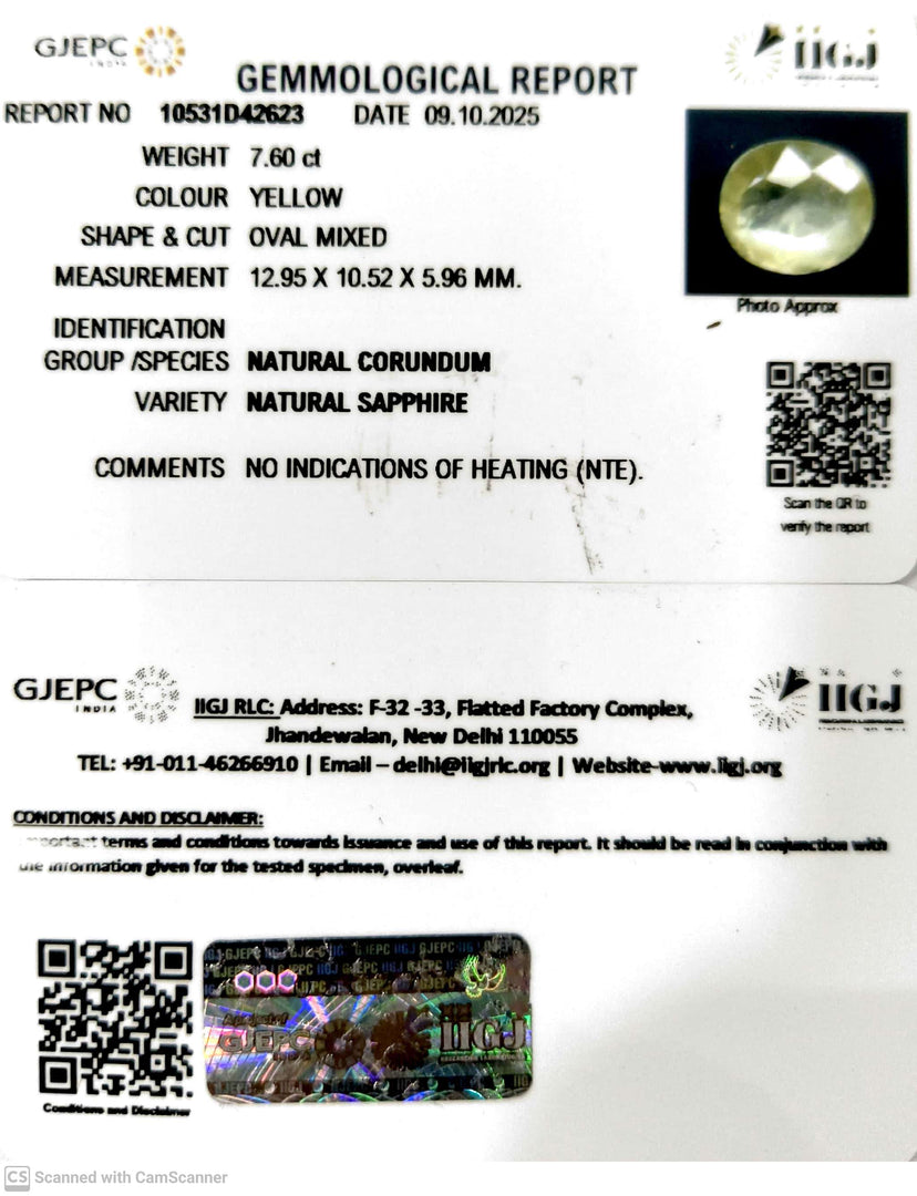 7.60/CT Natural Yellow Sapphire With Govt Lab Certificate (12210)