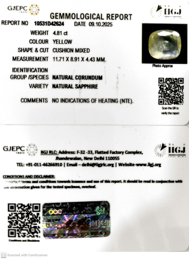 4.81/CT Natural Yellow Sapphire With Govt Lab Certificate (12210)