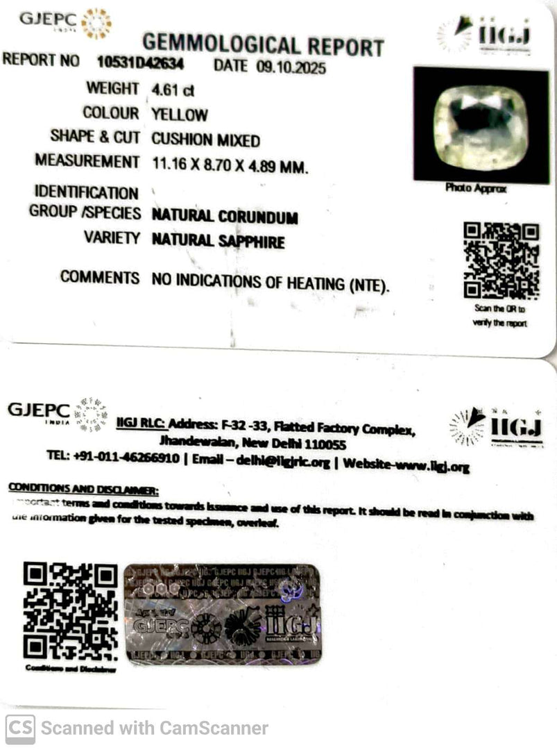 4.61/CT Natural Yellow Sapphire With Govt Lab Certificate (16650)