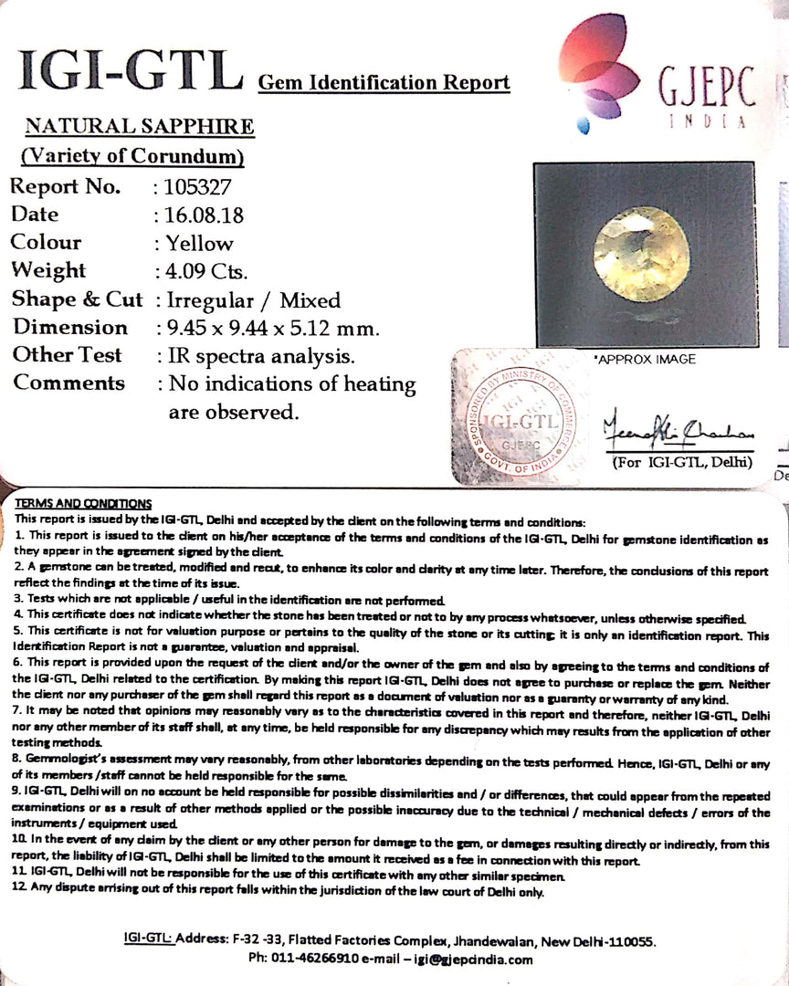 4.09/CT Natural Yellow Sapphire With Govt Lab Certificate-YELSA9U