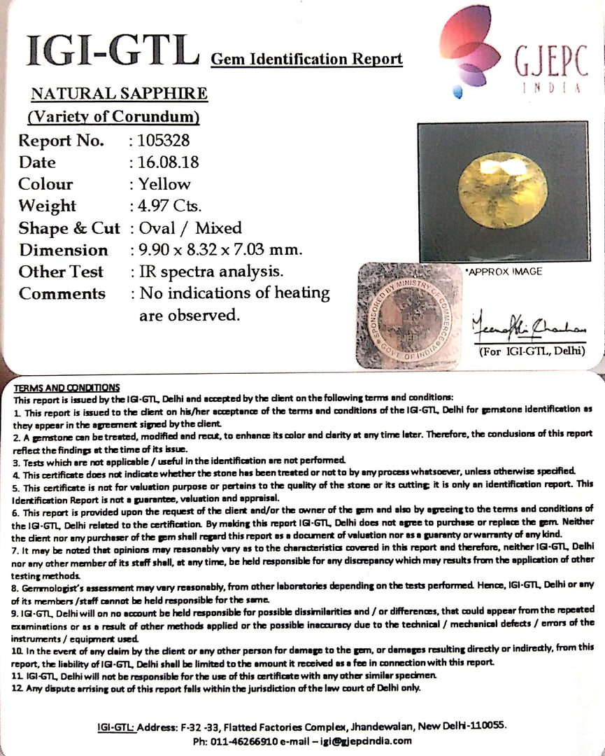 4.97/CT Natural Yellow Sapphire With Govt Lab Certificate-(YELSA9W)