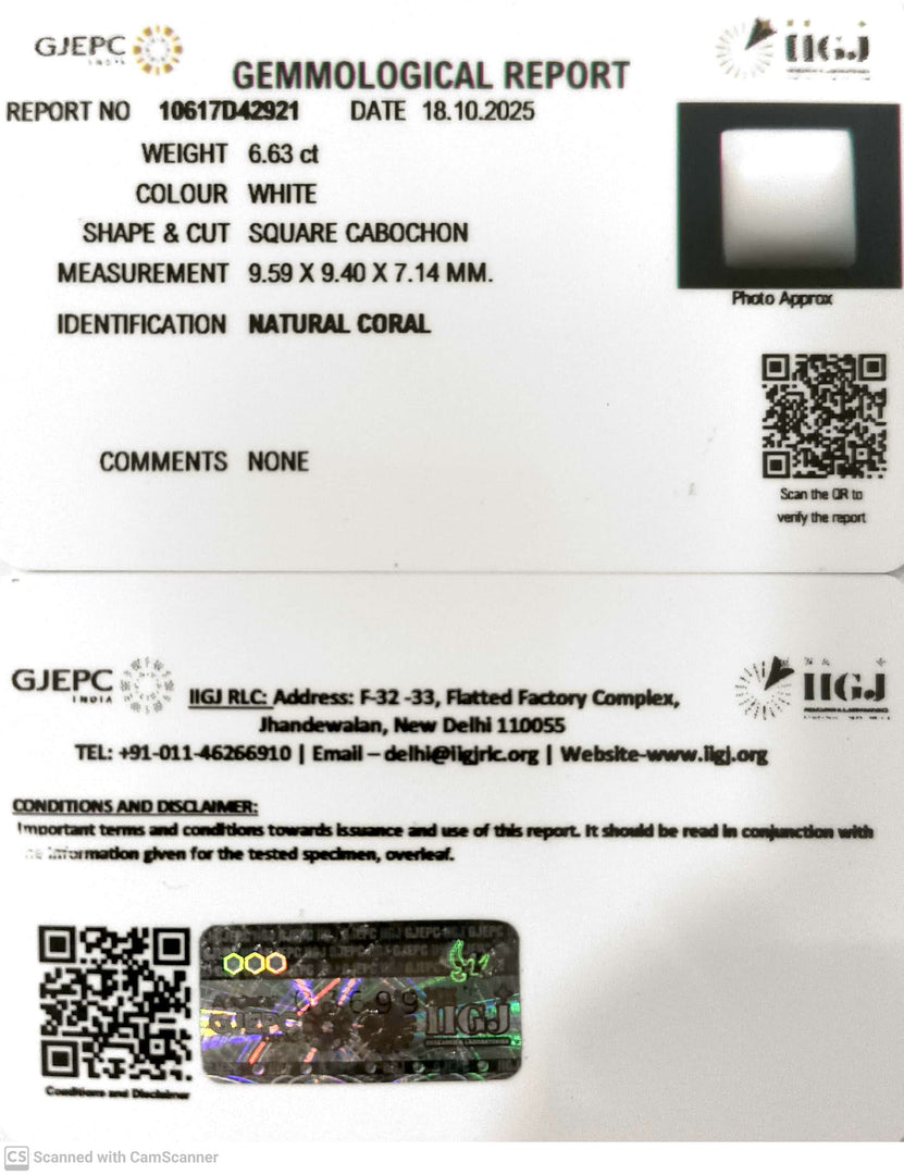 6.63/CT White Coral with Govt. Lab Certified (1500)