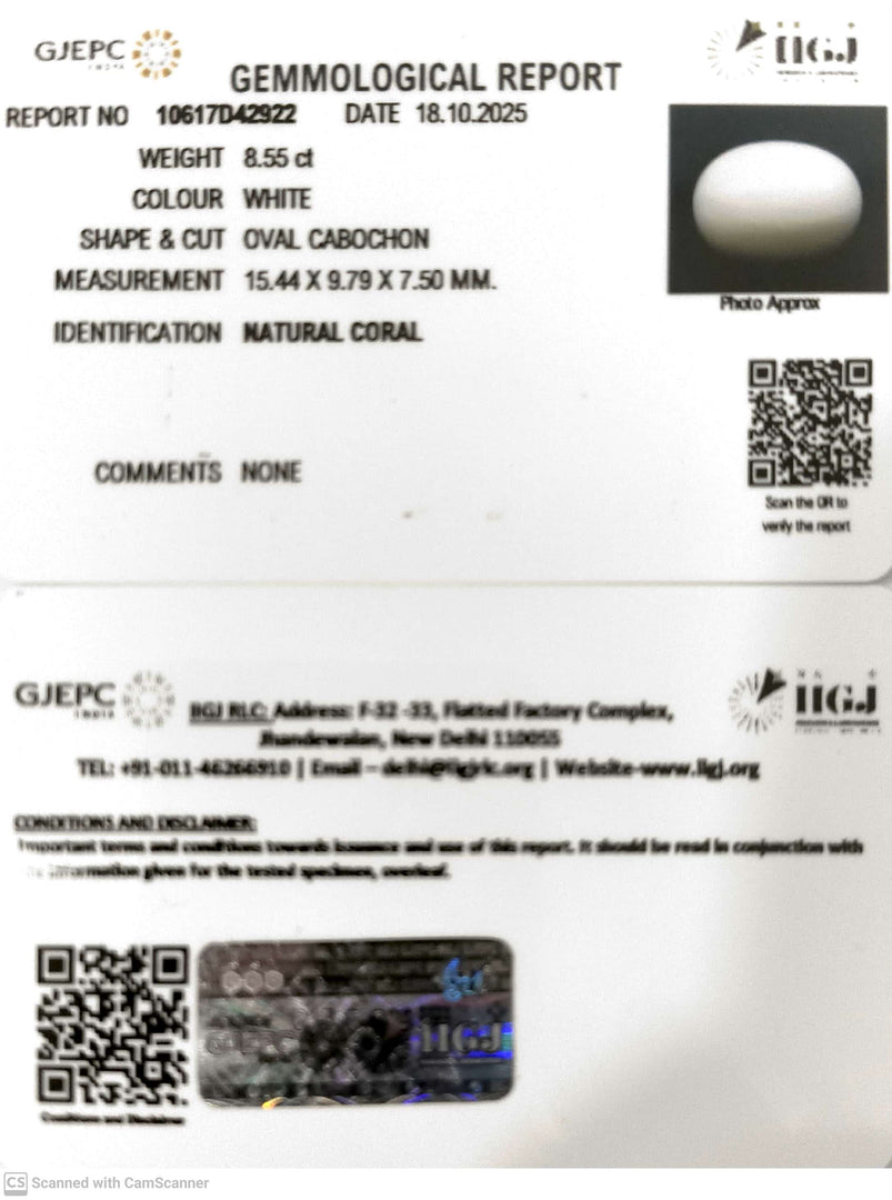 8.55/CT White Coral with Govt. Lab Certified (1500)