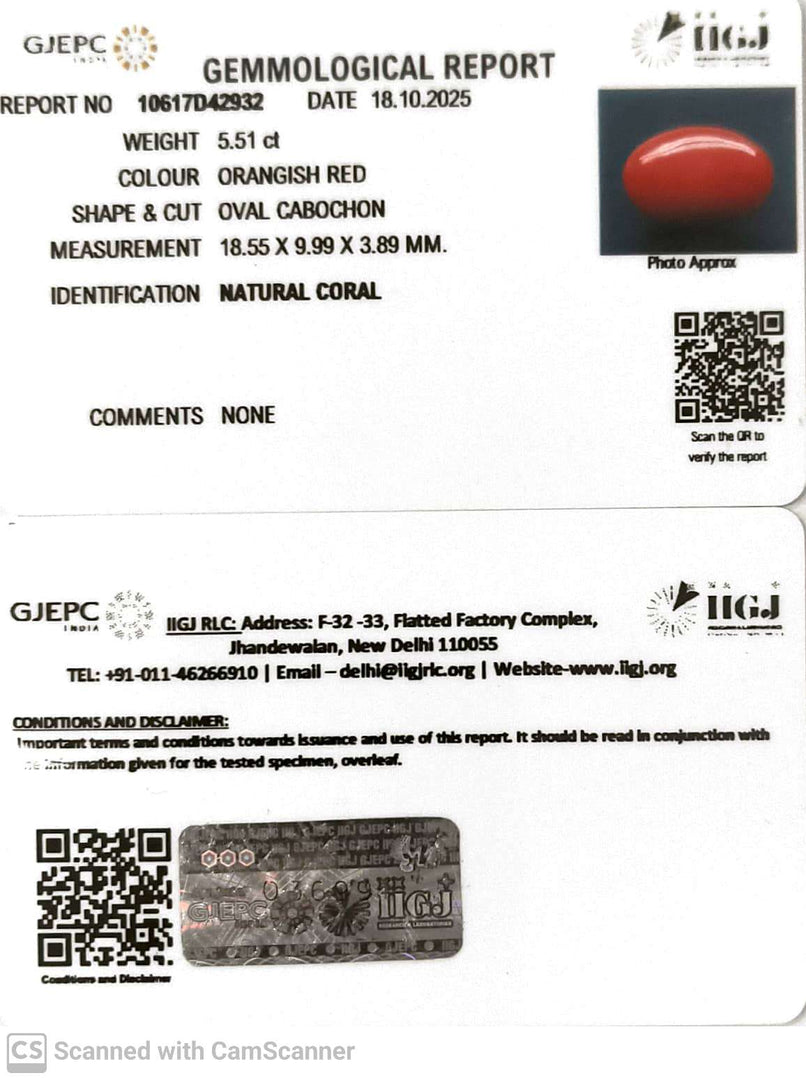 5.51/CT Natural Japanees Coral With Govt. Lab Certificate (8200)