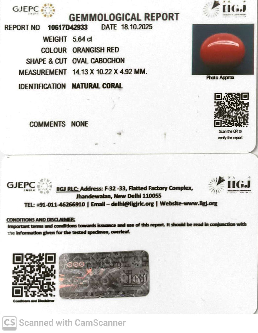 5.64/CT Natural Japanees Coral With Govt. Lab Certificate (8200)