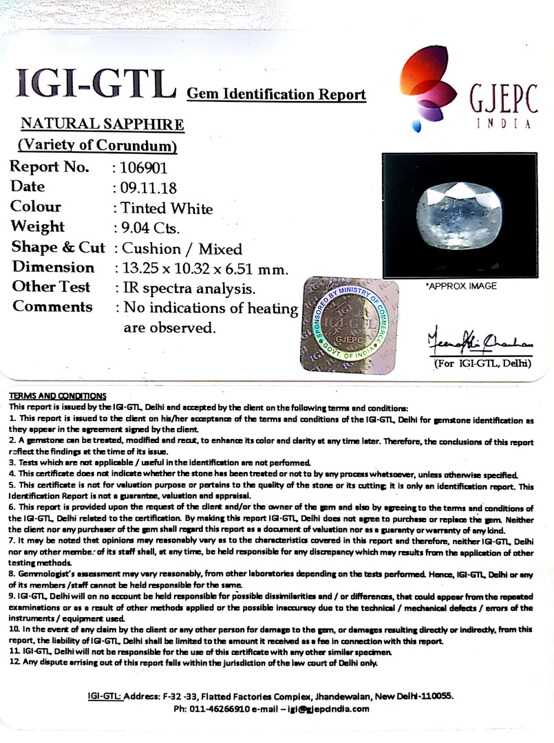 9.04/CT Natural White Sapphire with Govt Lab Certificate(6771)