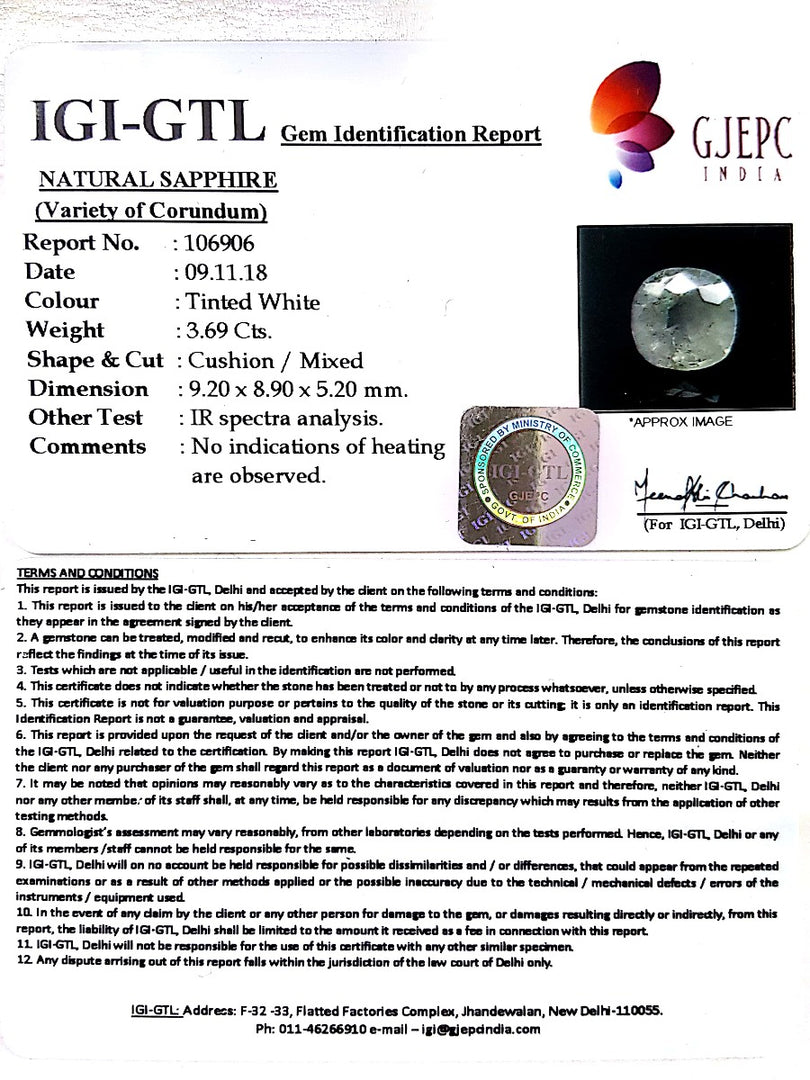 4.09 Ratti Natural White Sapphire with Govt Lab Certificate - (4551)