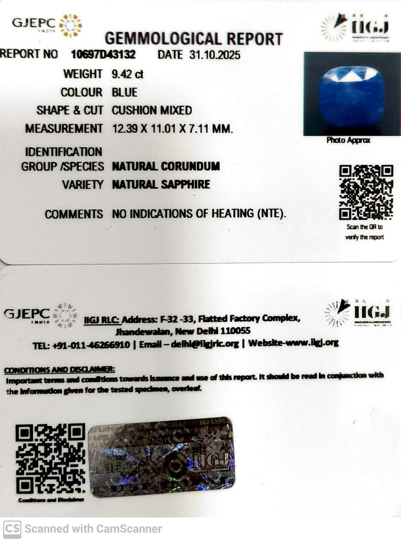 9.42/CT Natural Blue Sapphire with Govt Lab Certificate (4551)