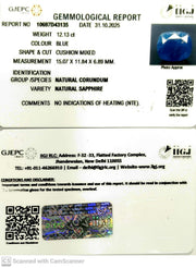 12.13/CT Natural Blue Sapphire with Govt Lab Certificate (6771)