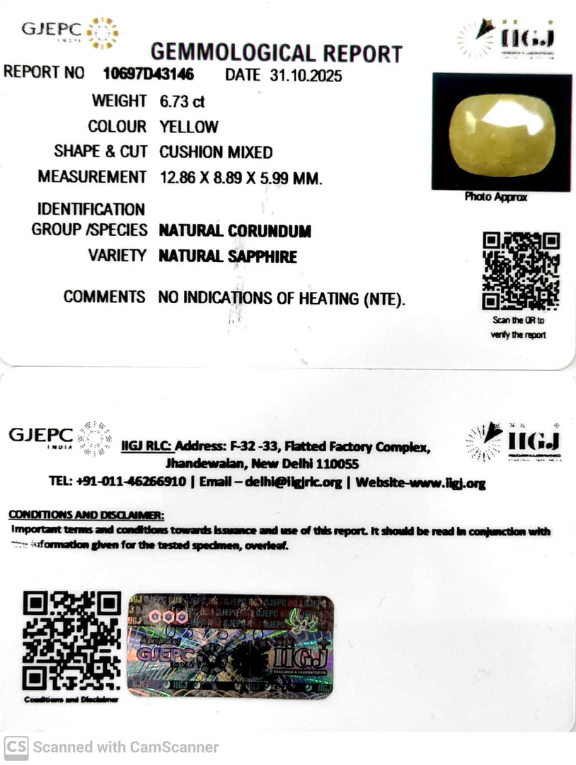 6.73/CT Natural Yellow Sapphire With Govt Lab Certificate (6771)