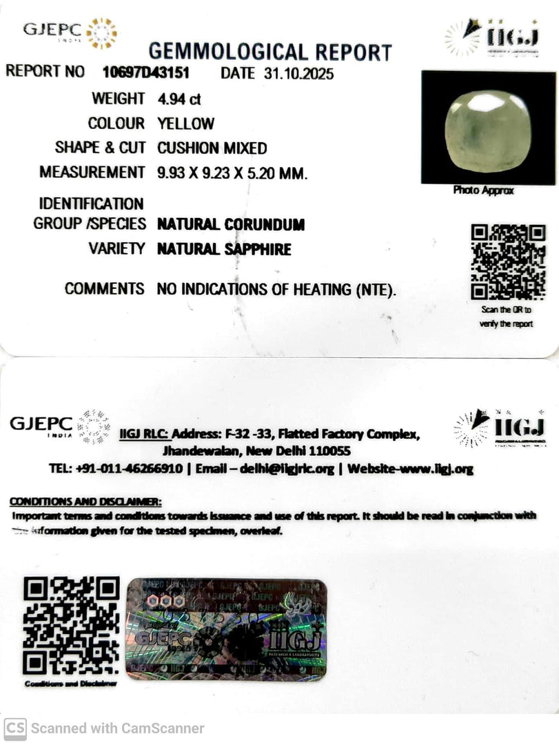 4.94/CT Natural Yellow Sapphire With Govt Lab Certificate (6771)