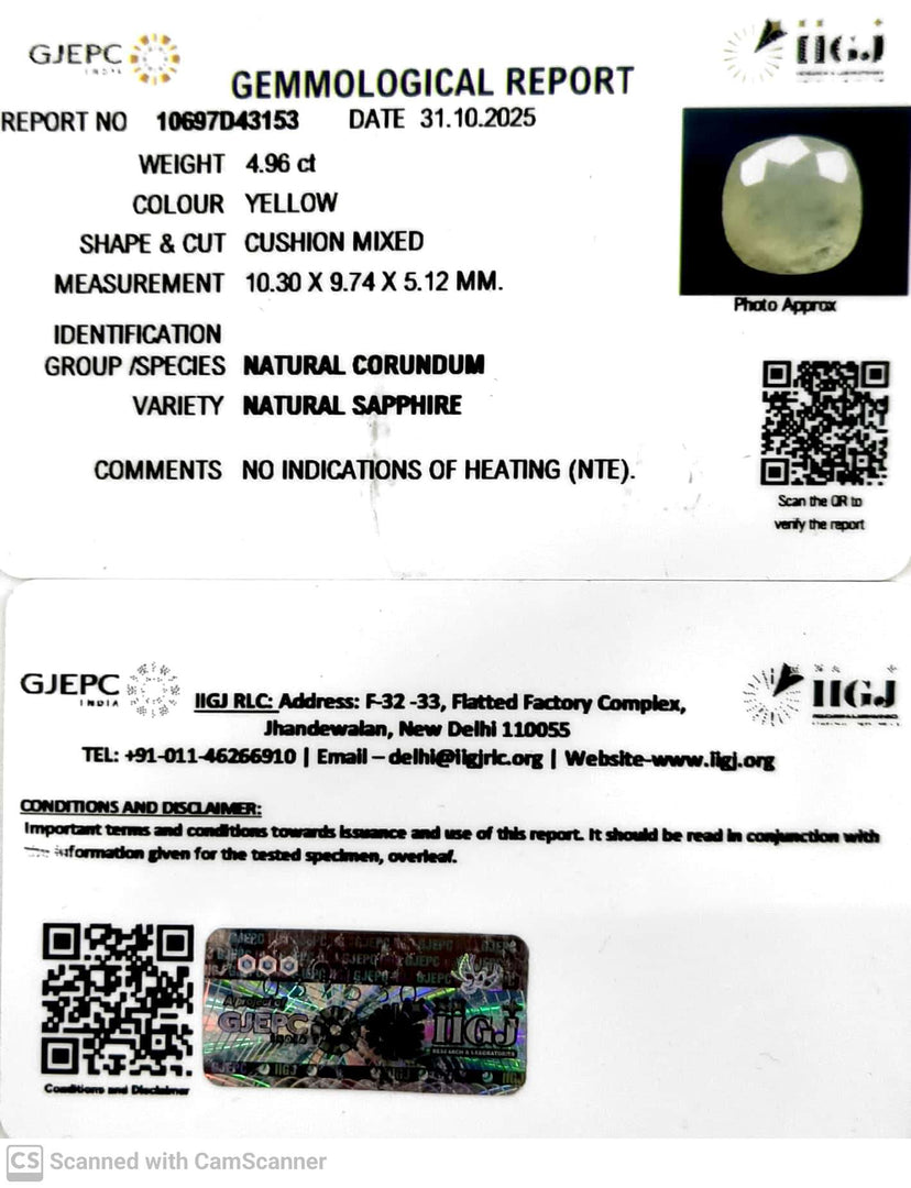 4.96/CT Natural Yellow Sapphire With Govt Lab Certificate (6771)