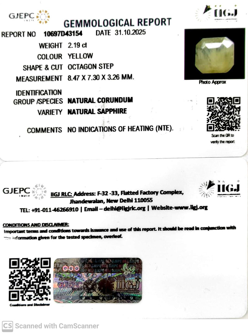 2.19/CT Natural Yellow Sapphire With Govt Lab Certificate (6771)