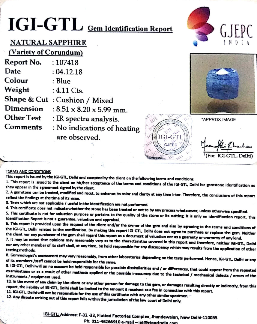 4.57 Ratti Natural Blue Sapphire with Govt Lab Certificate-(6771)