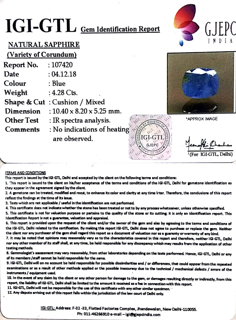 4.76 Ratti Natural Blue Sapphire with Govt Lab Certificate-(6771)