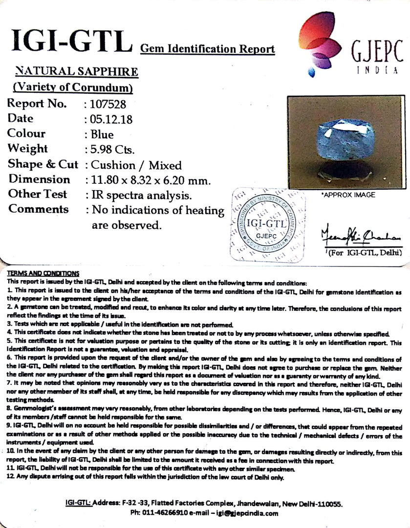 6.64 Ratti Natural Blue Sapphire with Govt Lab Certificate-(6771)