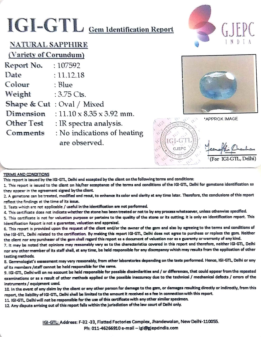 4.17 Ratti Natural Blue Sapphire with Govt Lab Certificate-(6771)