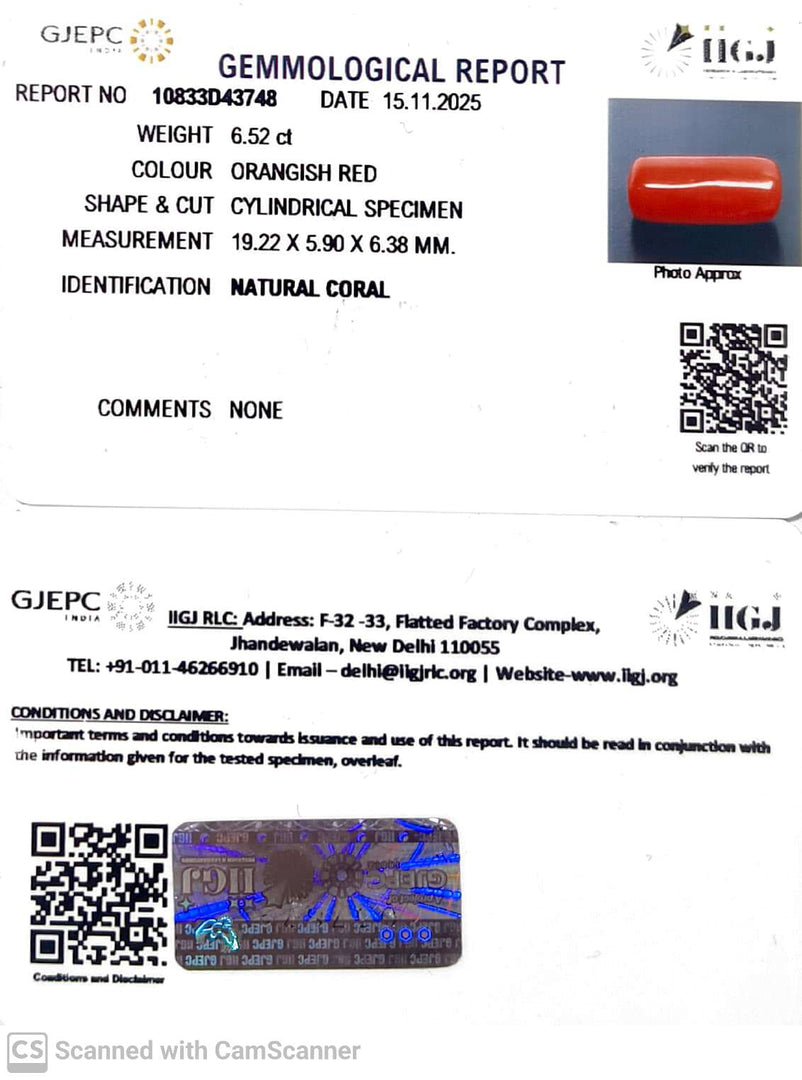6.52/CT Natural Red Coral With Govt. Lab Certificate-10833D43748