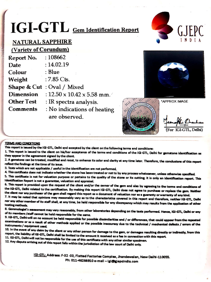 8.72 Ratti Natural Blue Sapphire With Govt Lab Certified-(2331)