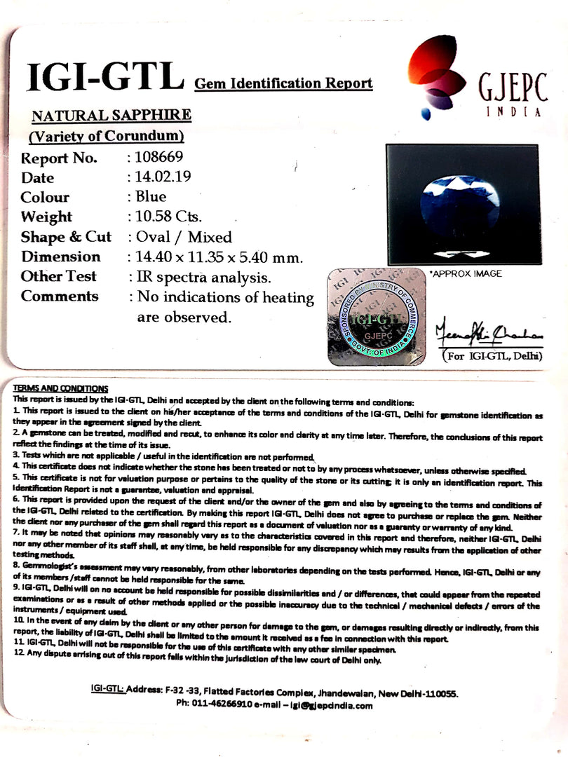 11.76 Ratti Natural Blue Sapphire With Govt Lab Certified-(2331)