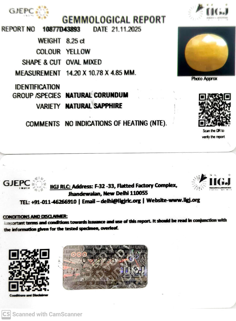 8.25/CT Natural Yellow Sapphire With Govt Lab Certificate (2331)
