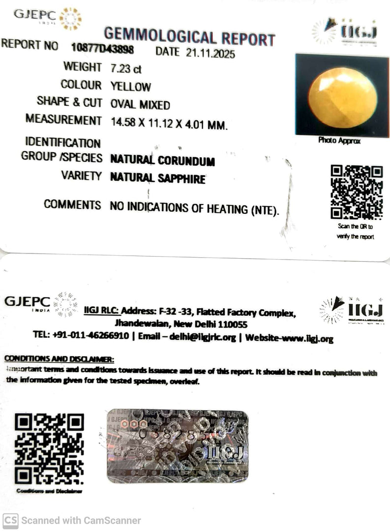 7.23/CT Natural Yellow Sapphire With Govt Lab Certificate (2331)