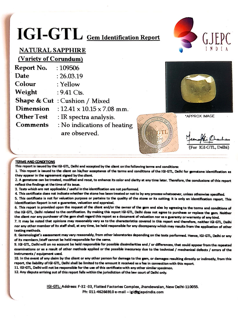 10.46 Ratti Natural Yellow Sapphire With Govt Lab Certificate-(4551)