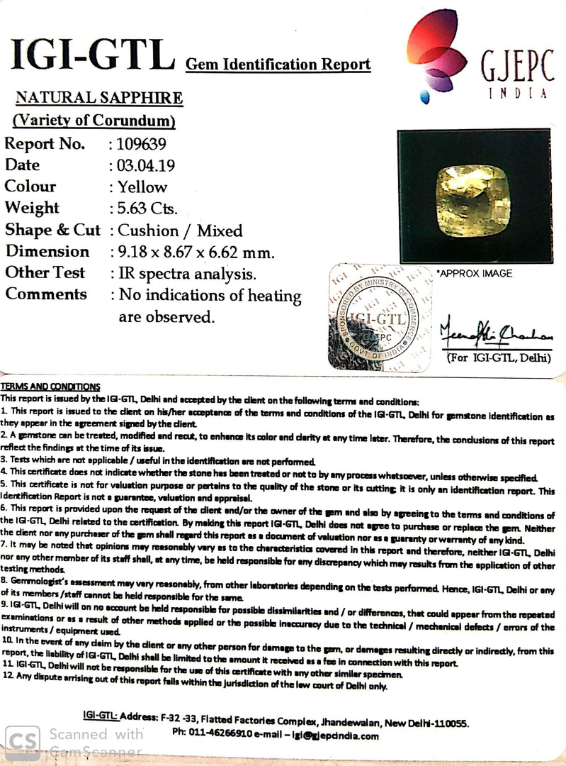 5.63/CT Natural Yellow Sapphire With Govt Lab Certificate-YELSA9U