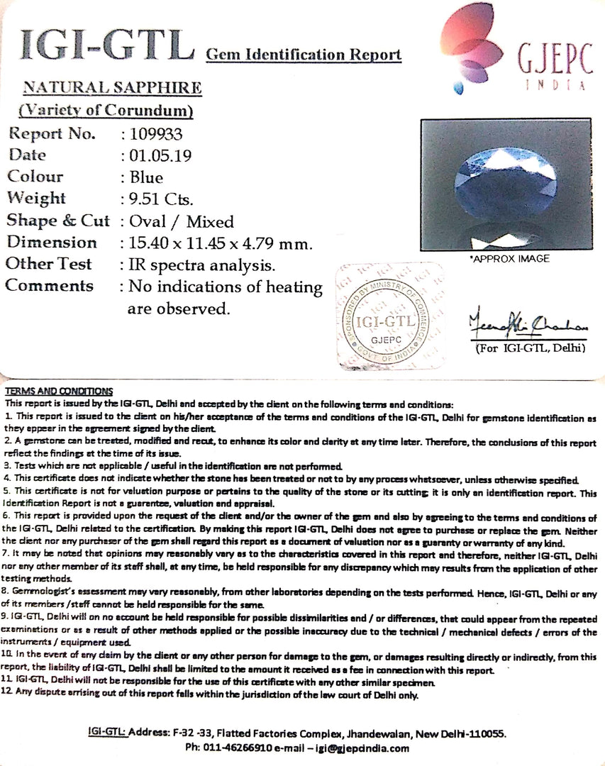 10.57 Ratti Natural Blue Sapphire with Govt Lab Certificate-(2331)