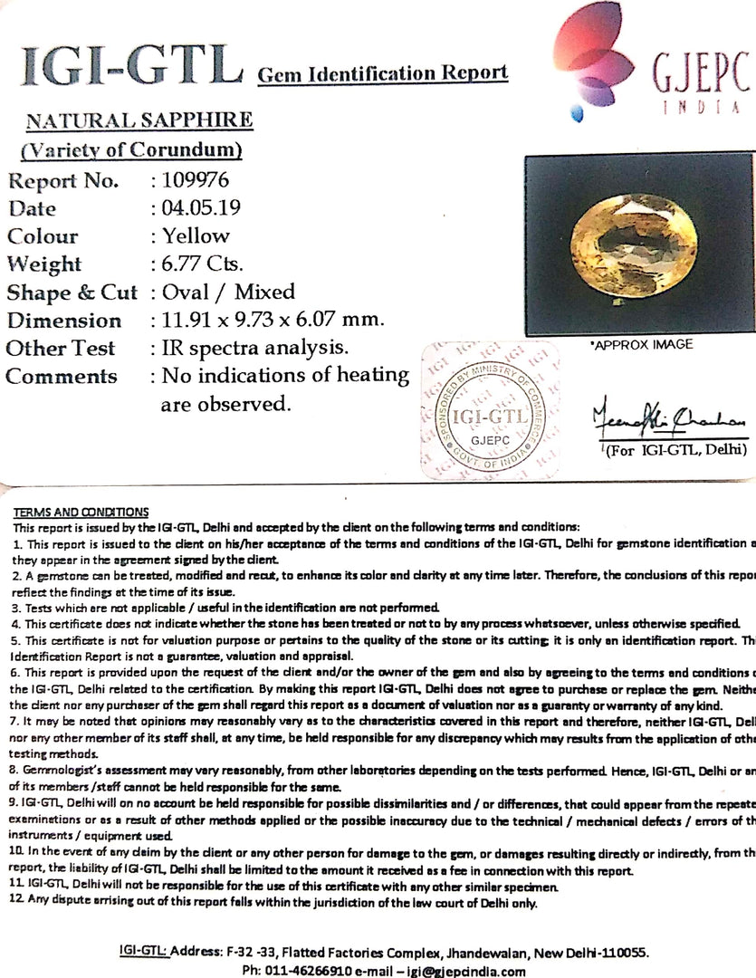 6.77/CT Natural Yellow Sapphire With Govt Lab Certificate-56610