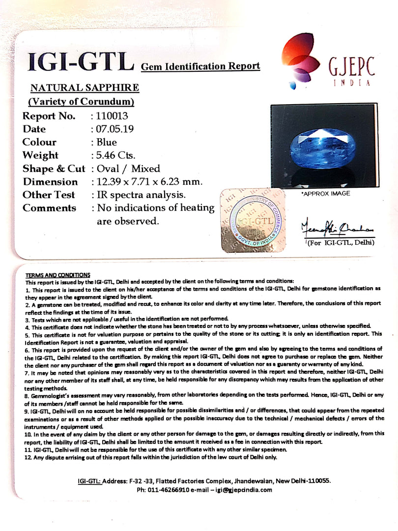 5.46/CT Natural Blue Sapphire with Govt Lab Certificate-BLUSA9V