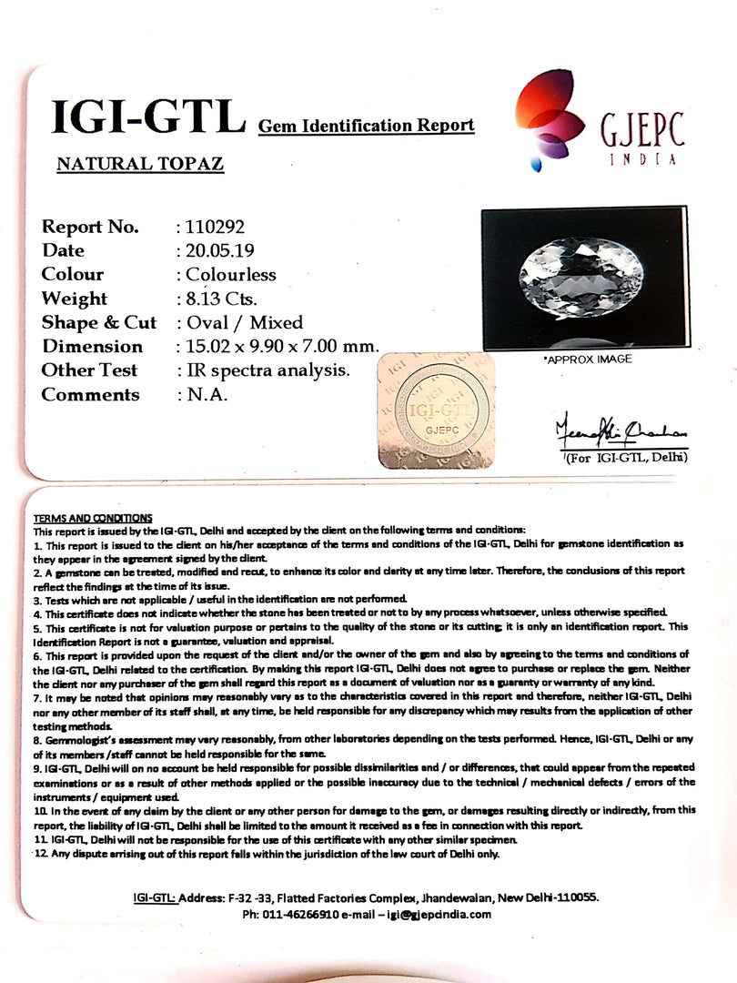 9.03 Ratti Natural White Topaz  with Govt Lab Certificate - (1665)