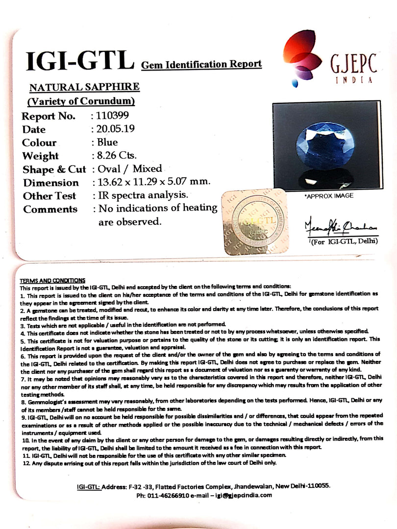9.18 Ratti Natural Blue Sapphire with Govt Lab Certificate-(2331)