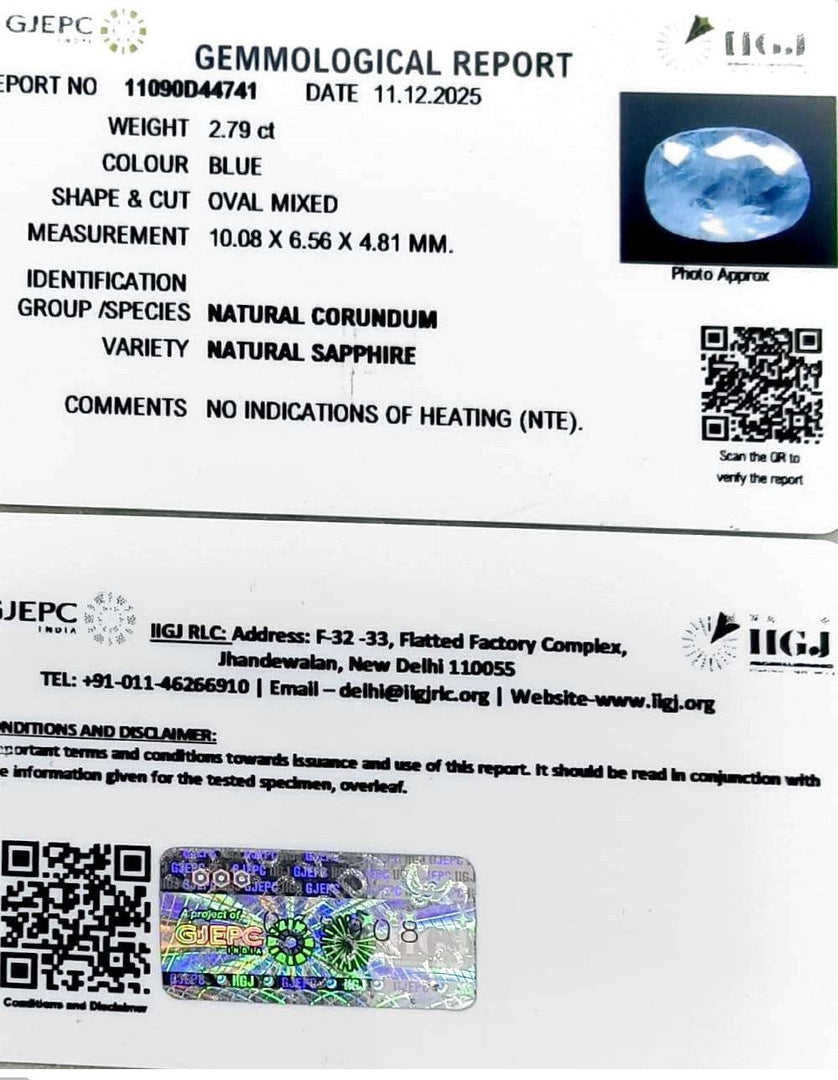 2.79/CT Natural Blue Sapphire with Govt Lab Certificate (8991)
